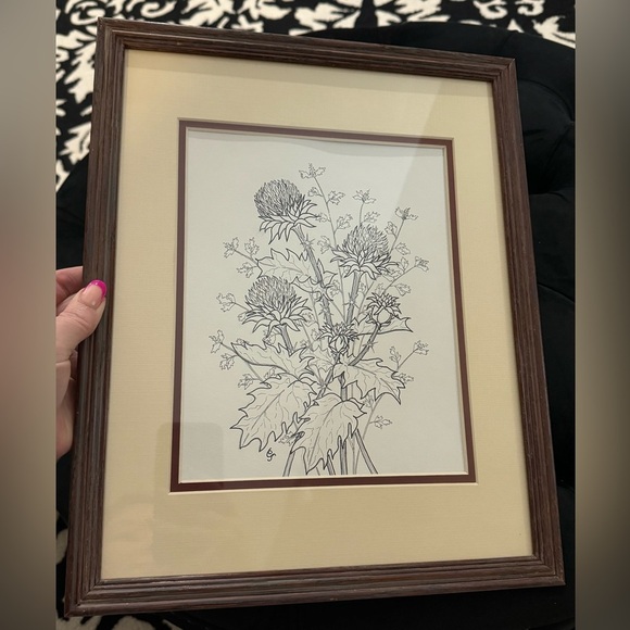 Vintage Framed Botanical Ink Pen Illustration Milk Thistle & Leaves MCM Unique - Picture 10 of 10